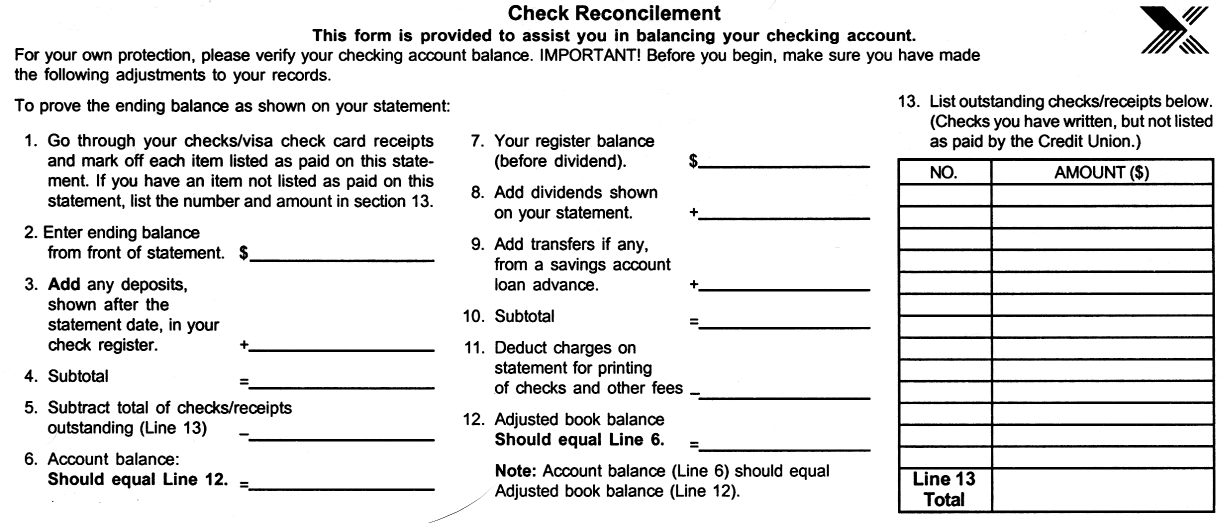 Credit-Union Check Reconcilement Form (click for the other form)